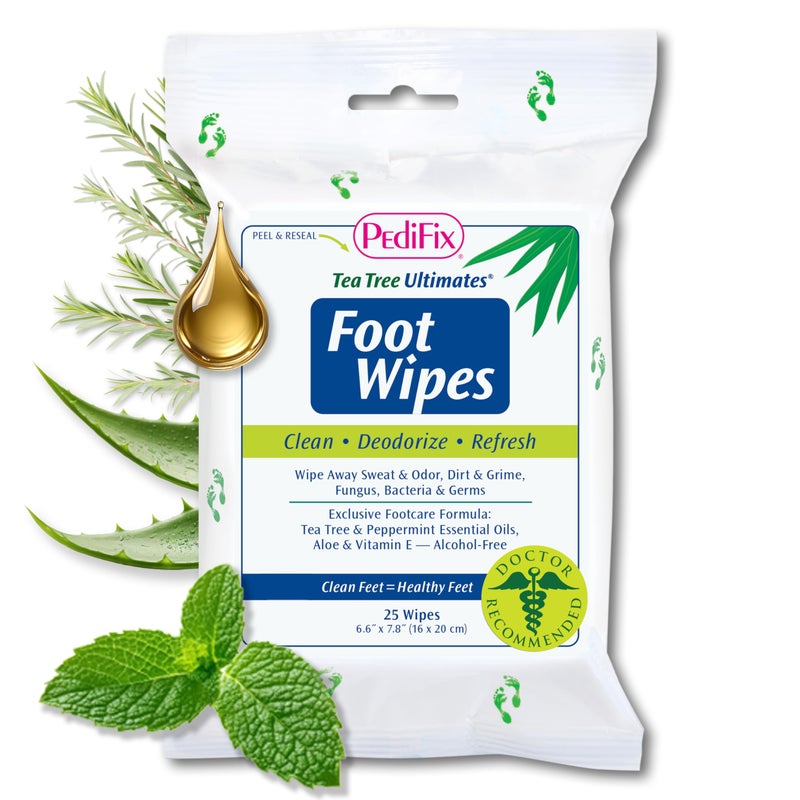 PediFix Tea Tree Ultimates Foot Wipes - Natural Deodorizing & Cleansing with Tea Tree Oil, Peppermint & Aloe Vera for Odor & Sweat Relief - Image 1